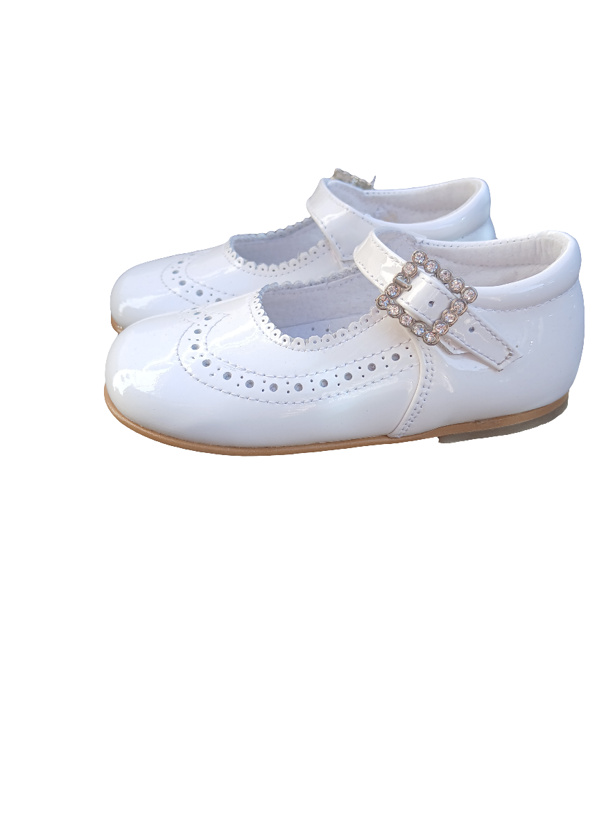 Girls Mary Jane White Patent Shoes with diamanté buckle