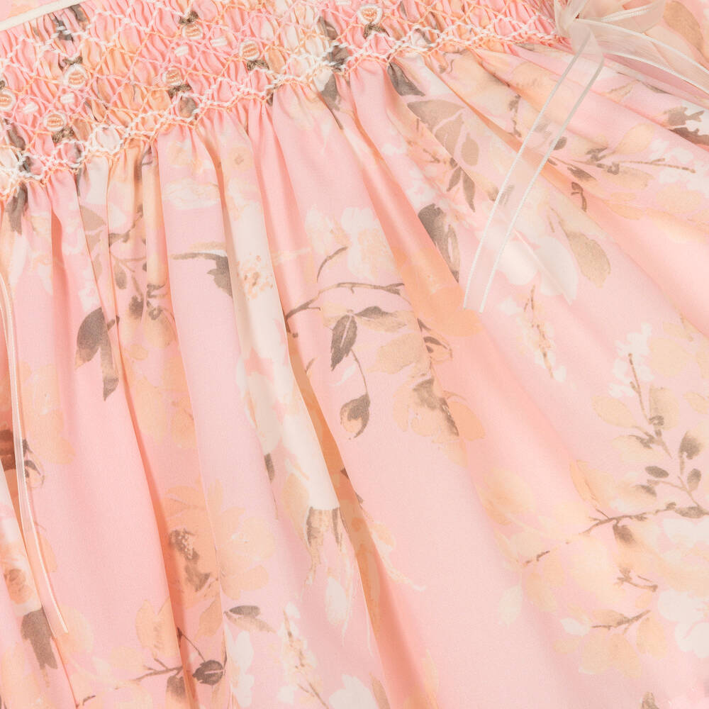 Pink Cream Flower Smocked Dress Set