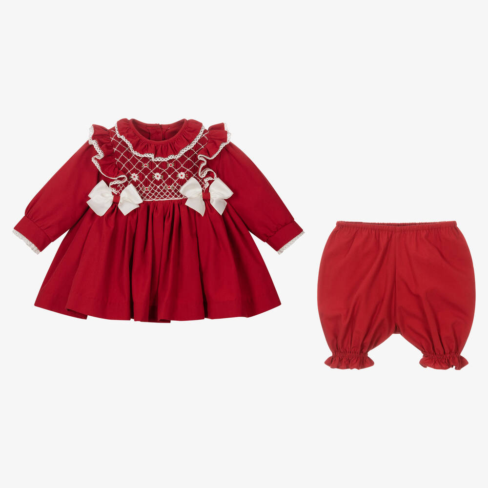 Girls Red Smocked Dress Set