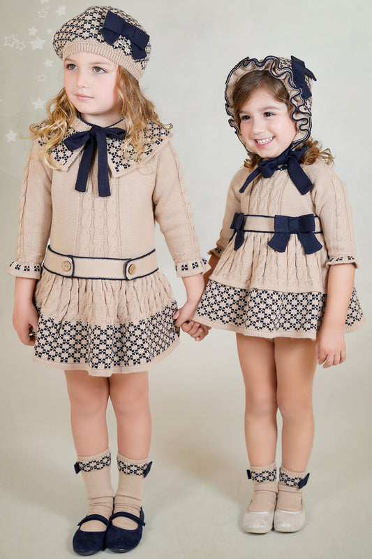 Baby Girls Rahigo Camel & Navy Dress, Knickers & Bonnet AW25 - in stock