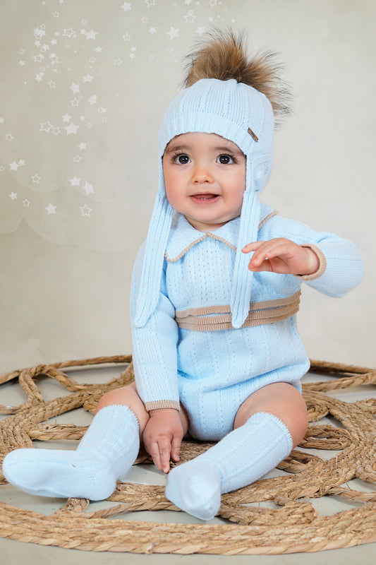 Baby Boys Rahigo Baby Blue & Camel Romper & Pom Hat AW25 - in stock