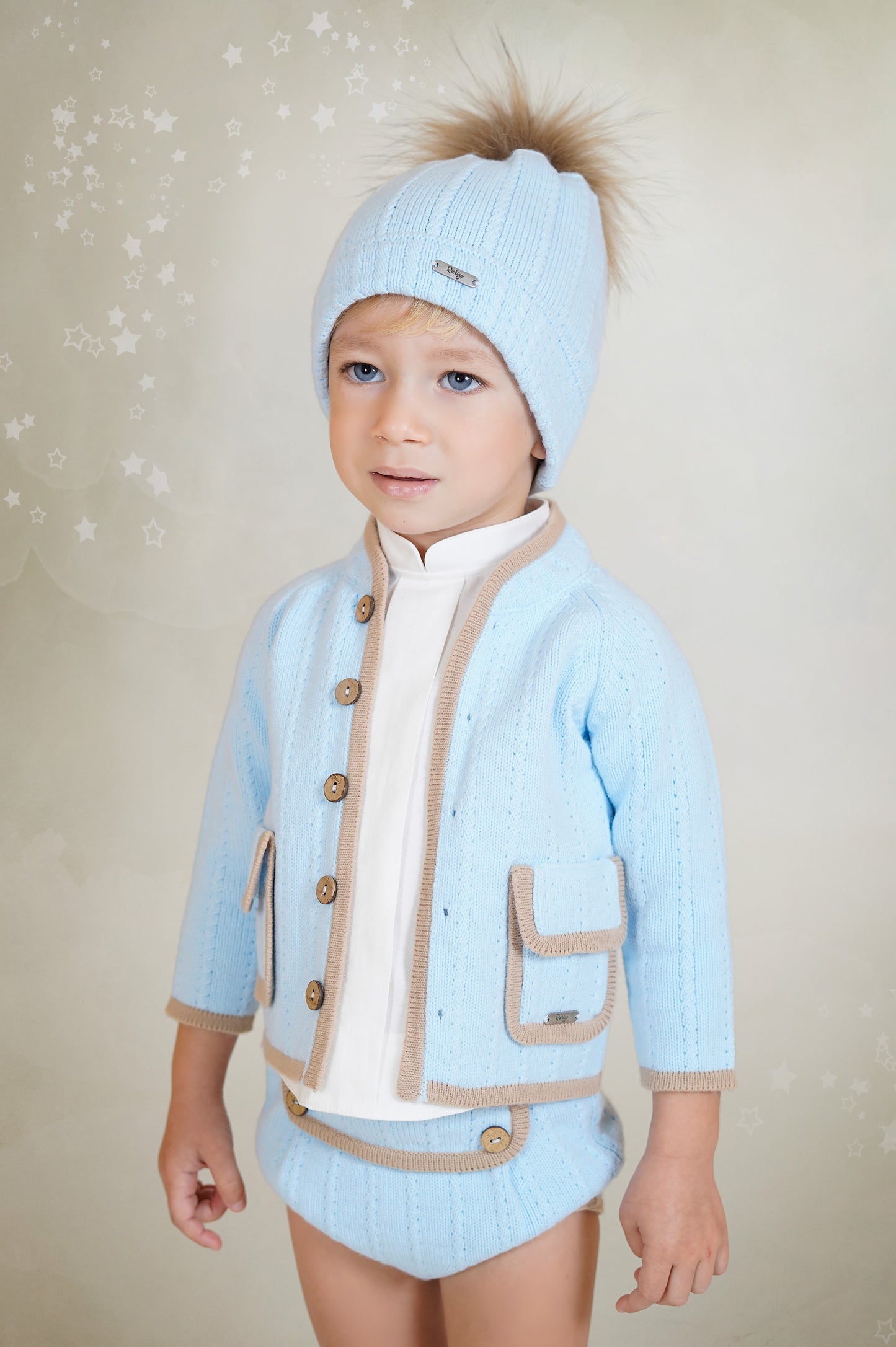 Baby Boys Rahigo Baby Blue & Camel 3 Piece Cardigan, Shirt & Shorts Set - in stock 12 months