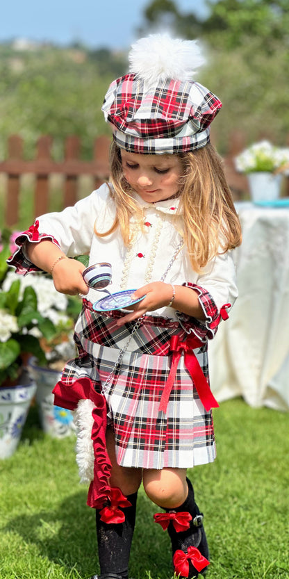 Girls White Velvet Blouse Red & Black Checked Skirt Set AW (Made to order)