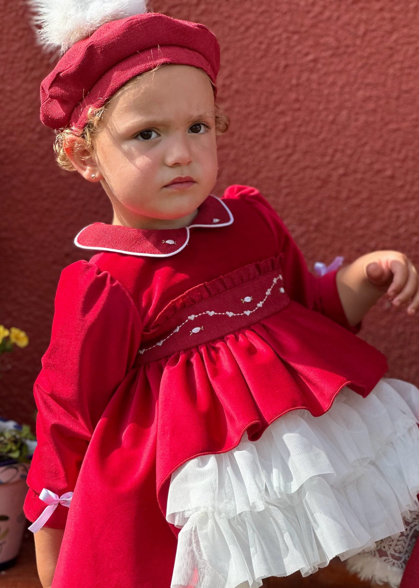 Girls Red Velvet Smocked Dress AW (Made to order)