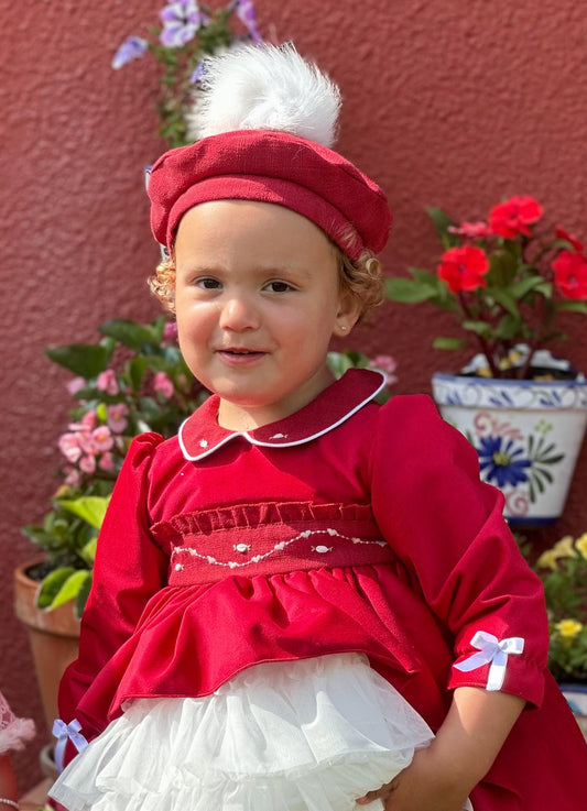 Girls Red Velvet Smocked Dress AW (Made to order)