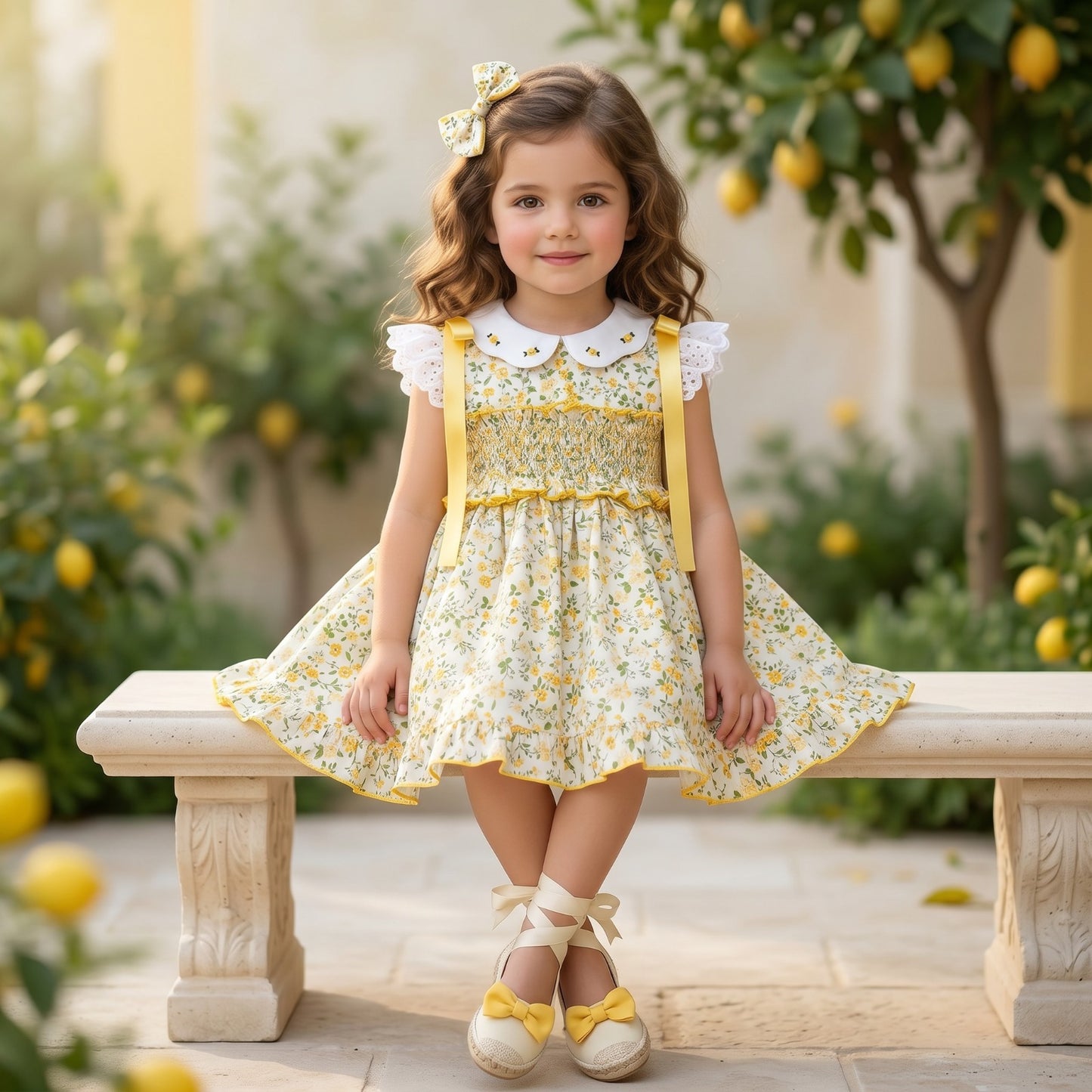 Sonata Girls Yellow Smocked Floral Dress & Hairbow SS26 - (Made To Order)