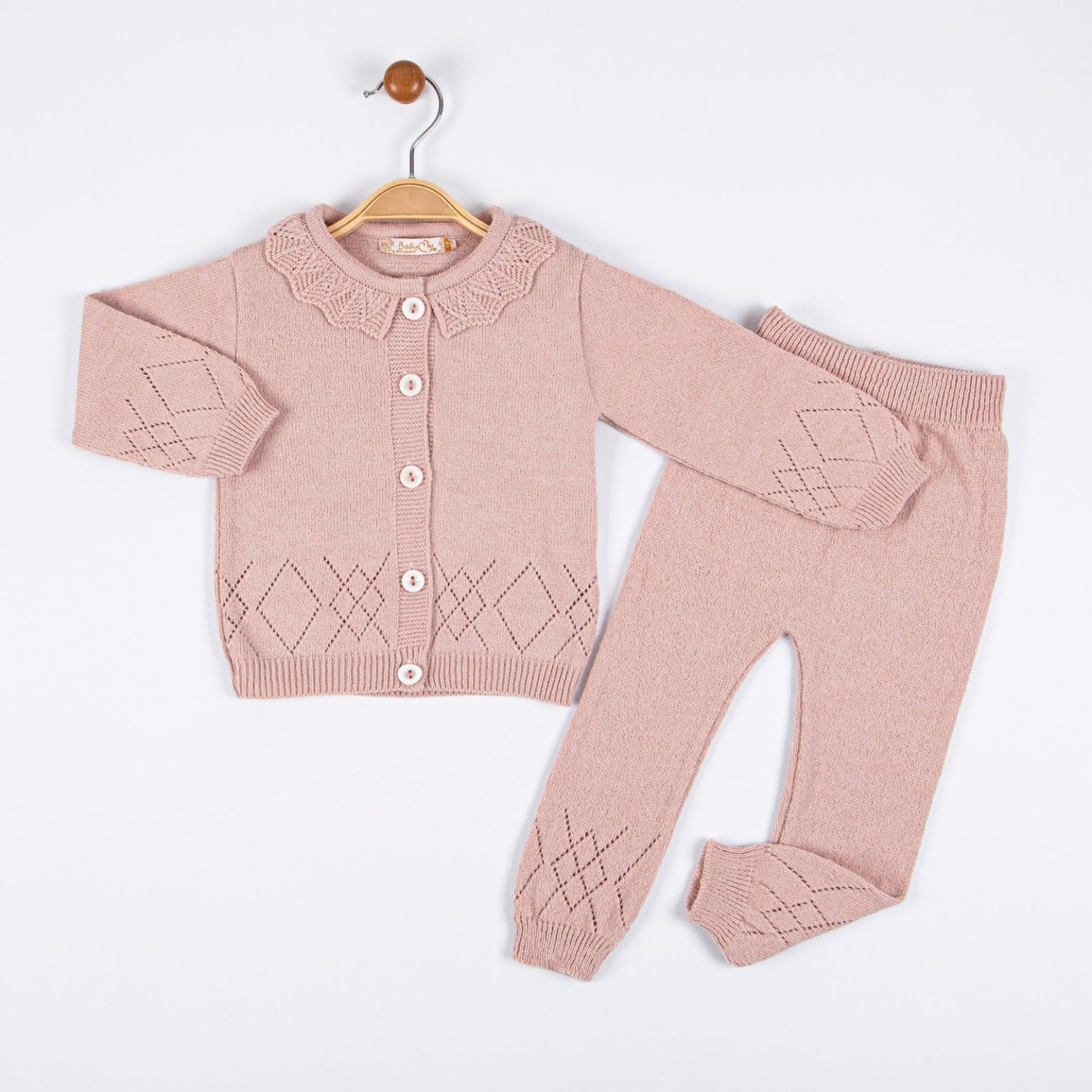 Baby Girls Knitted Diamond Embossed Diamond Cardigan & Bottoms Set