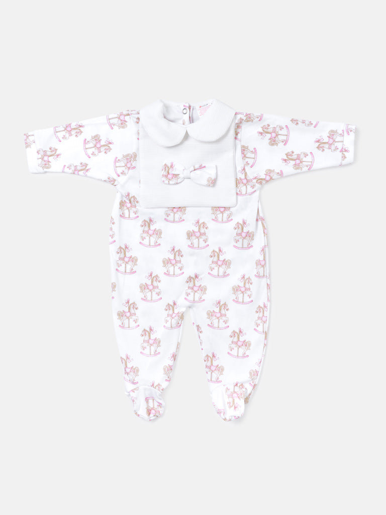 Girls Baby Pink Rocking Horse Babygrow with bows