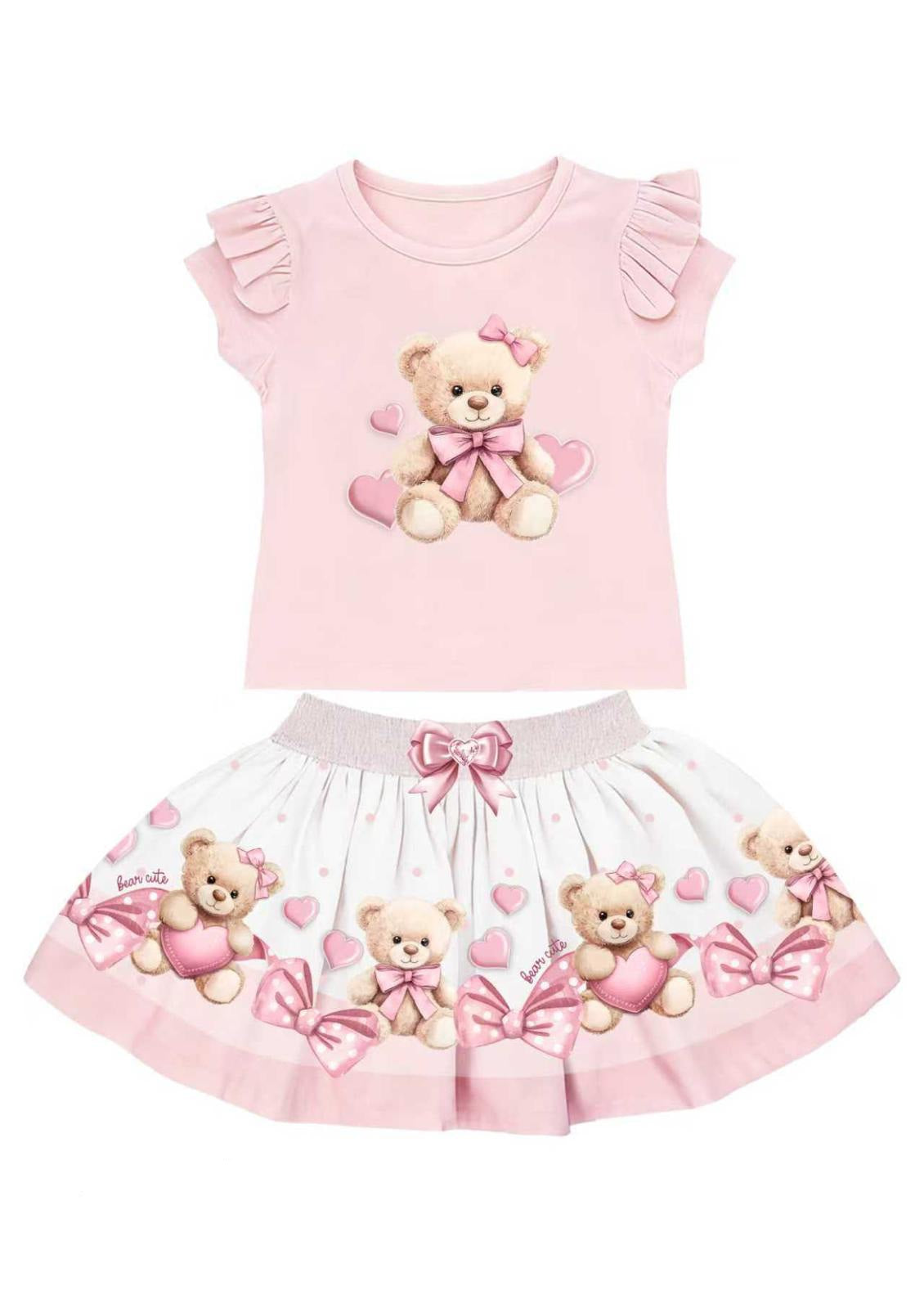 Pink Teddybear Heart Top & Skirt Set