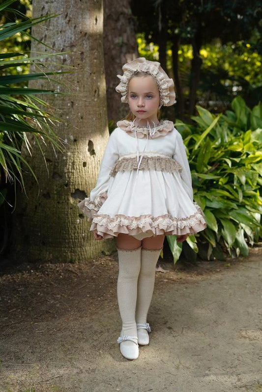 Ela Confeccion AW25 Girls Cream & Camel Handmade Dress Set - (Made to order)