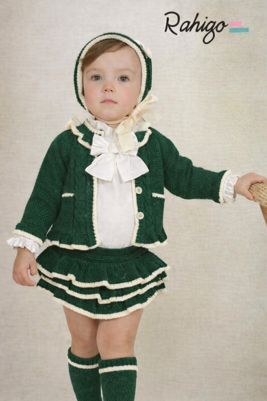 Rahigo Baby Girls Bottle Green & Cream Cardigan, Blouse & Skirt Set - AW26 (Preorder)