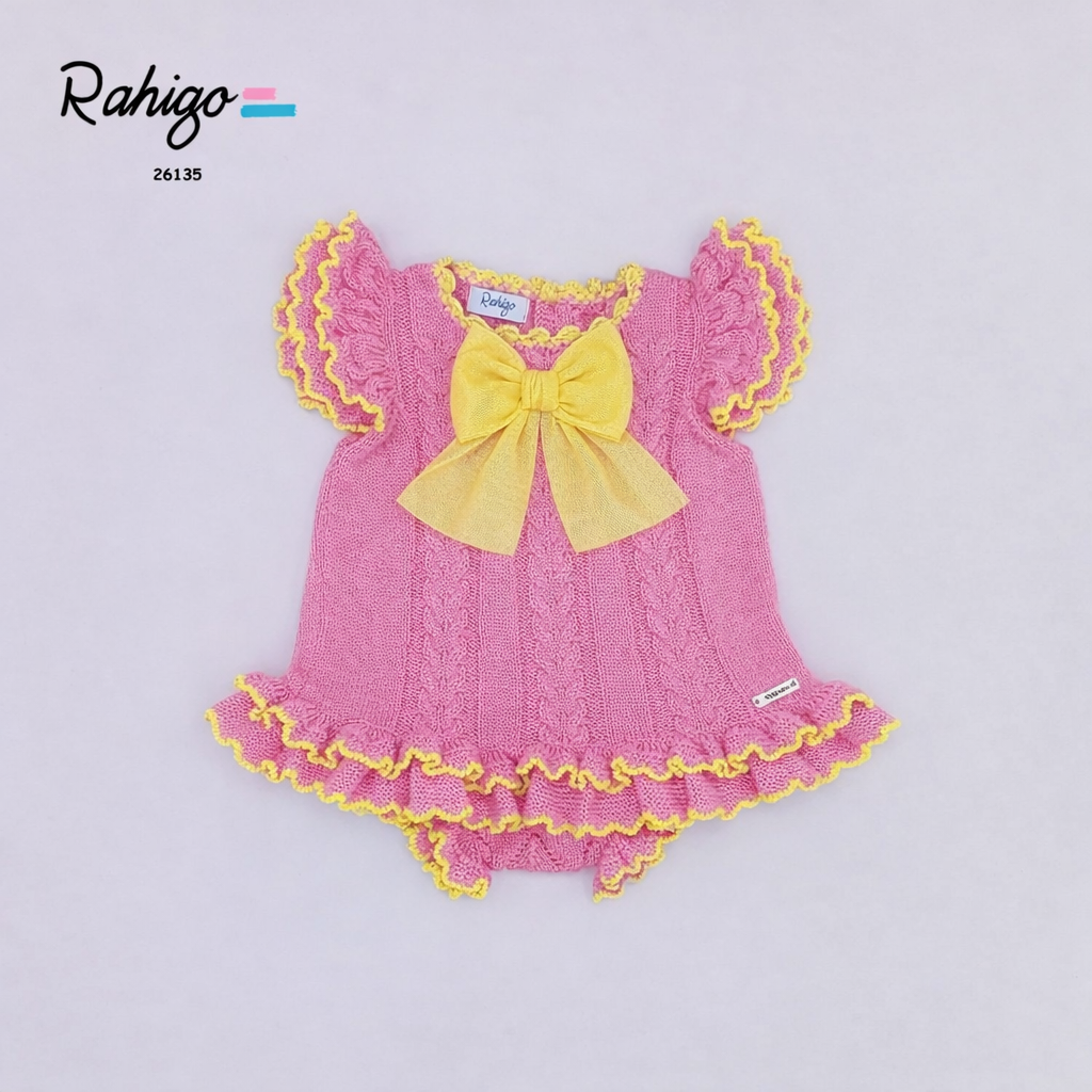 Rahigo Baby Girls Fushia Pink & Lemon Yellow A Line Dress & Knickers - SS26 In stock