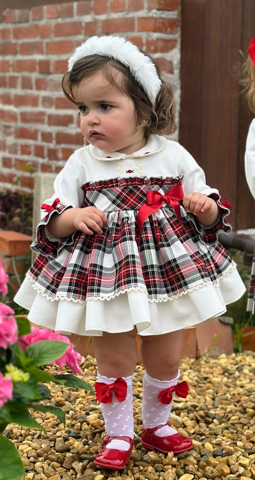Girls White Tartan Puffball Dress AW (Made to order)