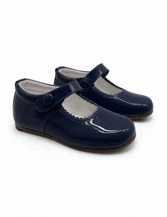Girls Navy Patent Leather Mary Janes Button Shoes (Preorder)