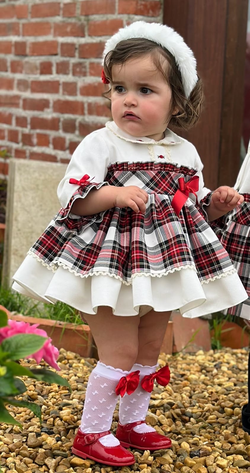 Girls White Tartan Puffball Dress AW (Made to order)