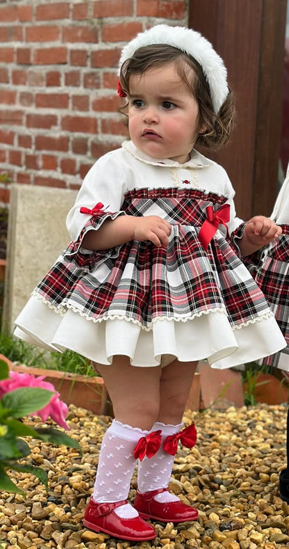 Girls White Tartan Puffball Dress AW (Made to order)