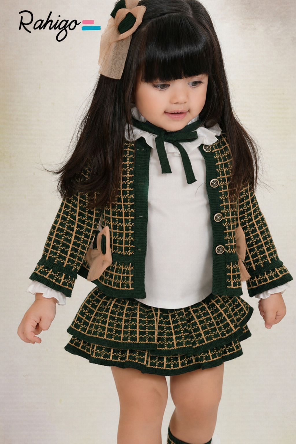 Rahigo Girls Bottle Green & Camel Cardigan, Blouse & Skirt Set - AW26 In Stock