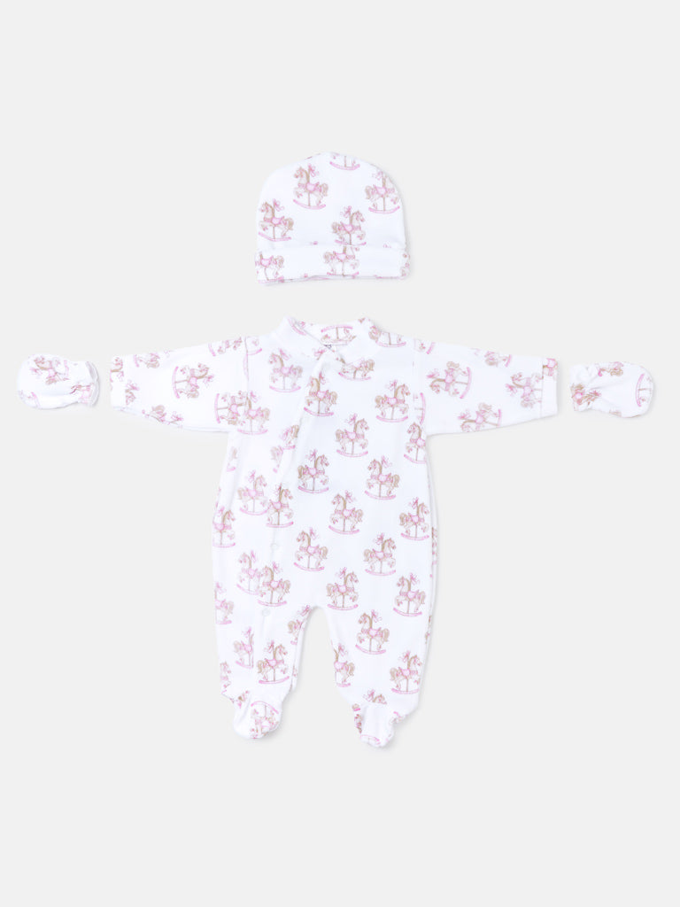 Girls Baby Pink Rocking Horse Velour Babygrow 3 piece Set