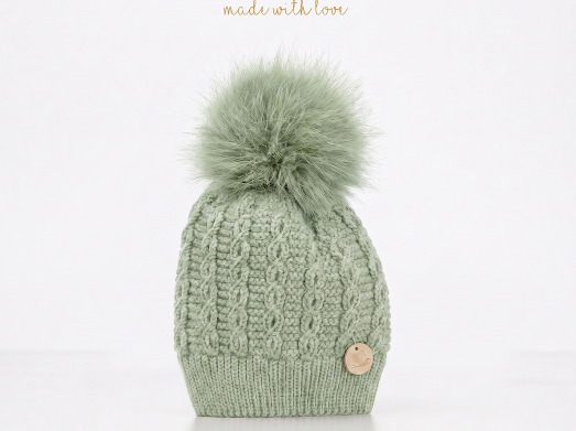 Pangasa Baby Powdered Green Cable Knitted Natural Fur Hats - Preorder
