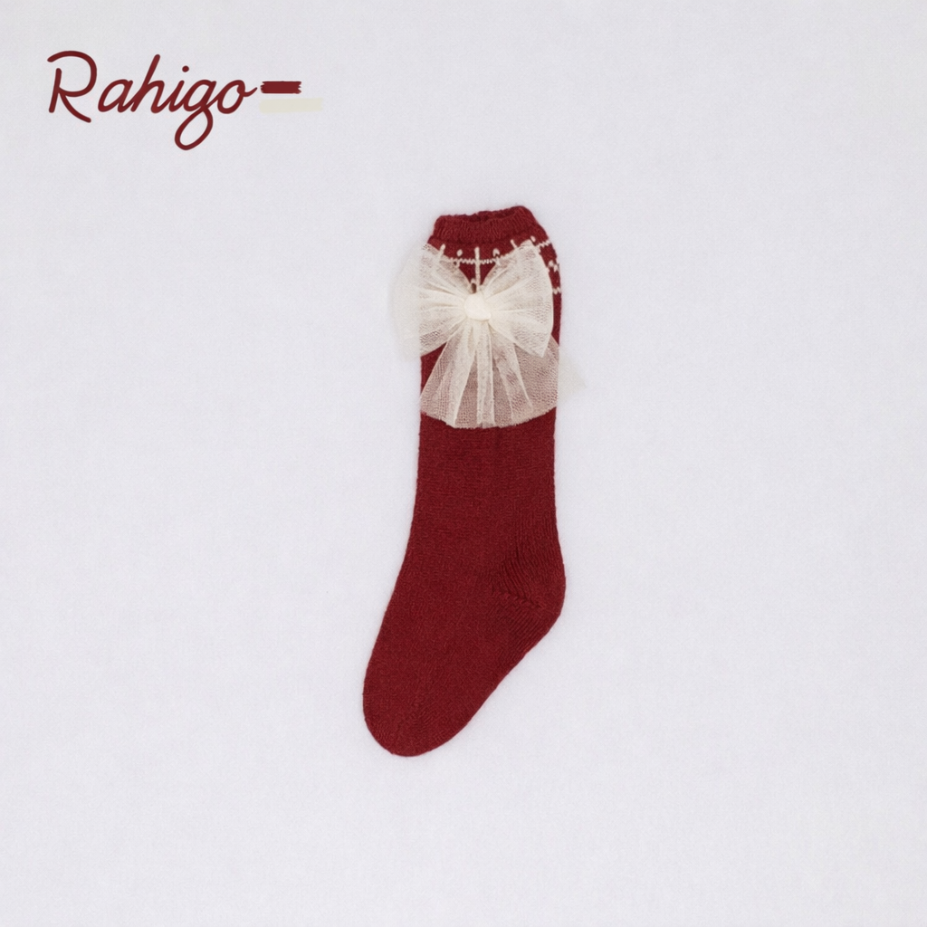 Rahigo Girls Burgandy & Cream Tulle Bow Socks - AW26 (Preorder)