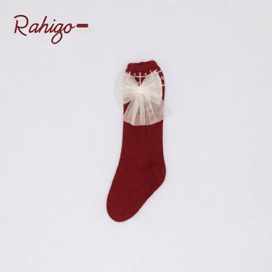 Rahigo Girls Burgandy & Cream Tulle Bow Socks - AW26 (Preorder)