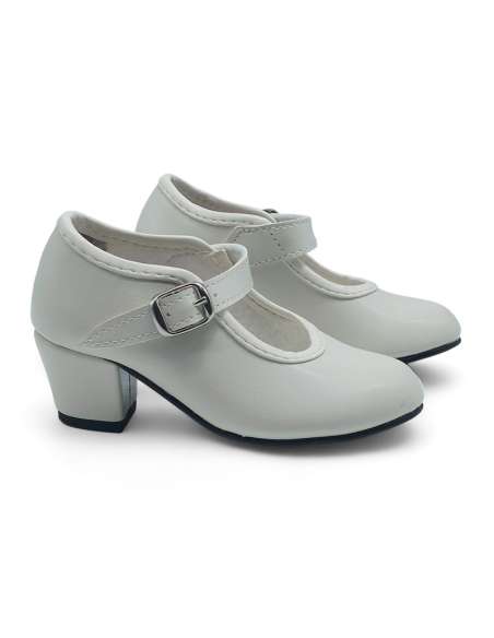 Cream Girls Leather Heeled Shoes
