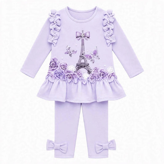 Girls Eiffel Tower Purple Top & Leggings Set In Stock