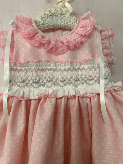 Sonata Girls Pink Smocked Polka Dot Dress & Hairbow SS26 - (Made To Order)