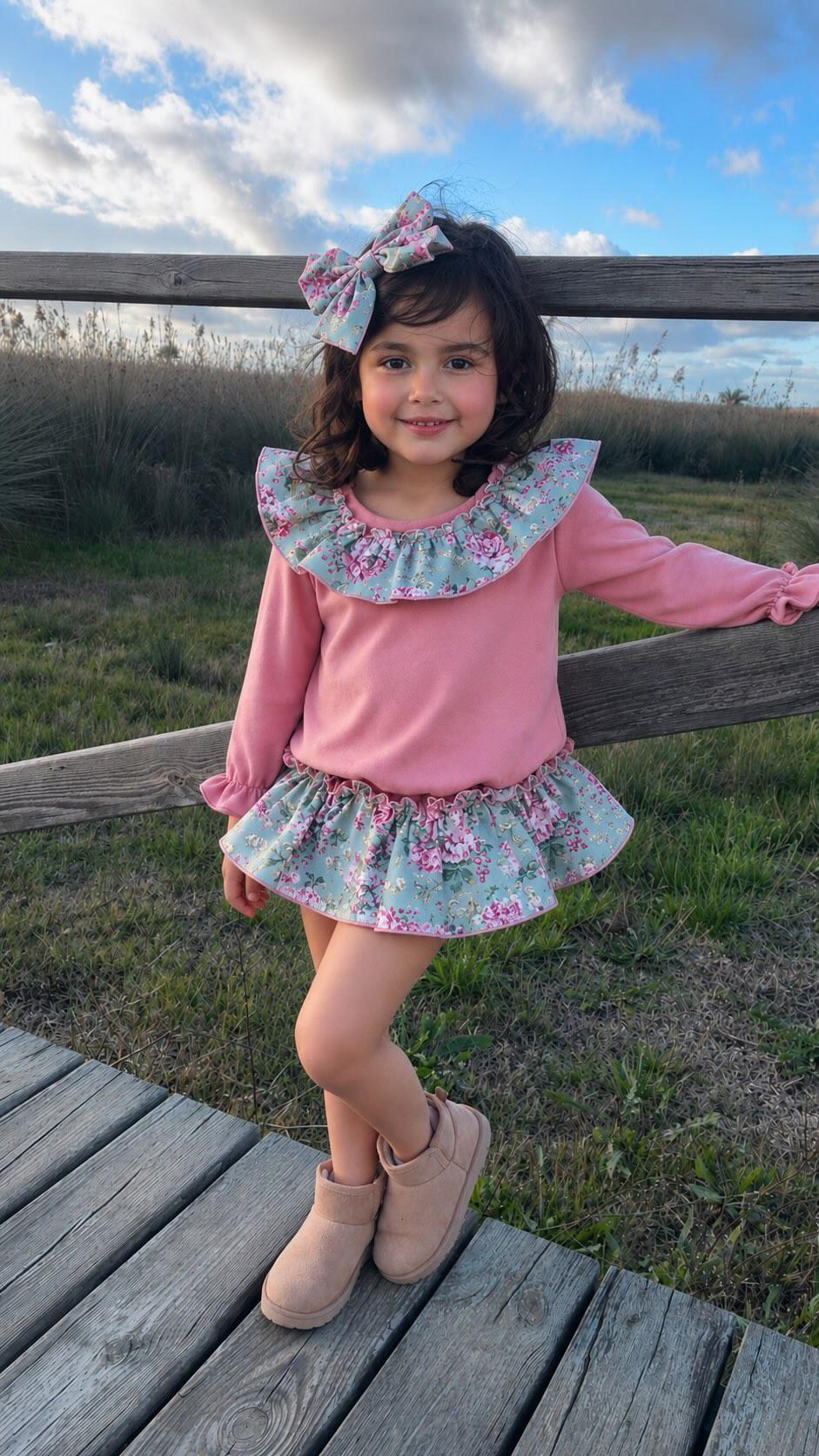 Ela Handmade Dusky Pink Floral Dress, Knickers & Bow Set AW26  - (Made to order)