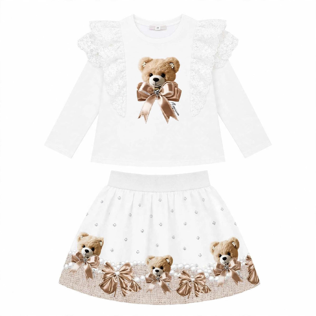 Girls Teddybear Bow Top & Skirt Set In Stock
