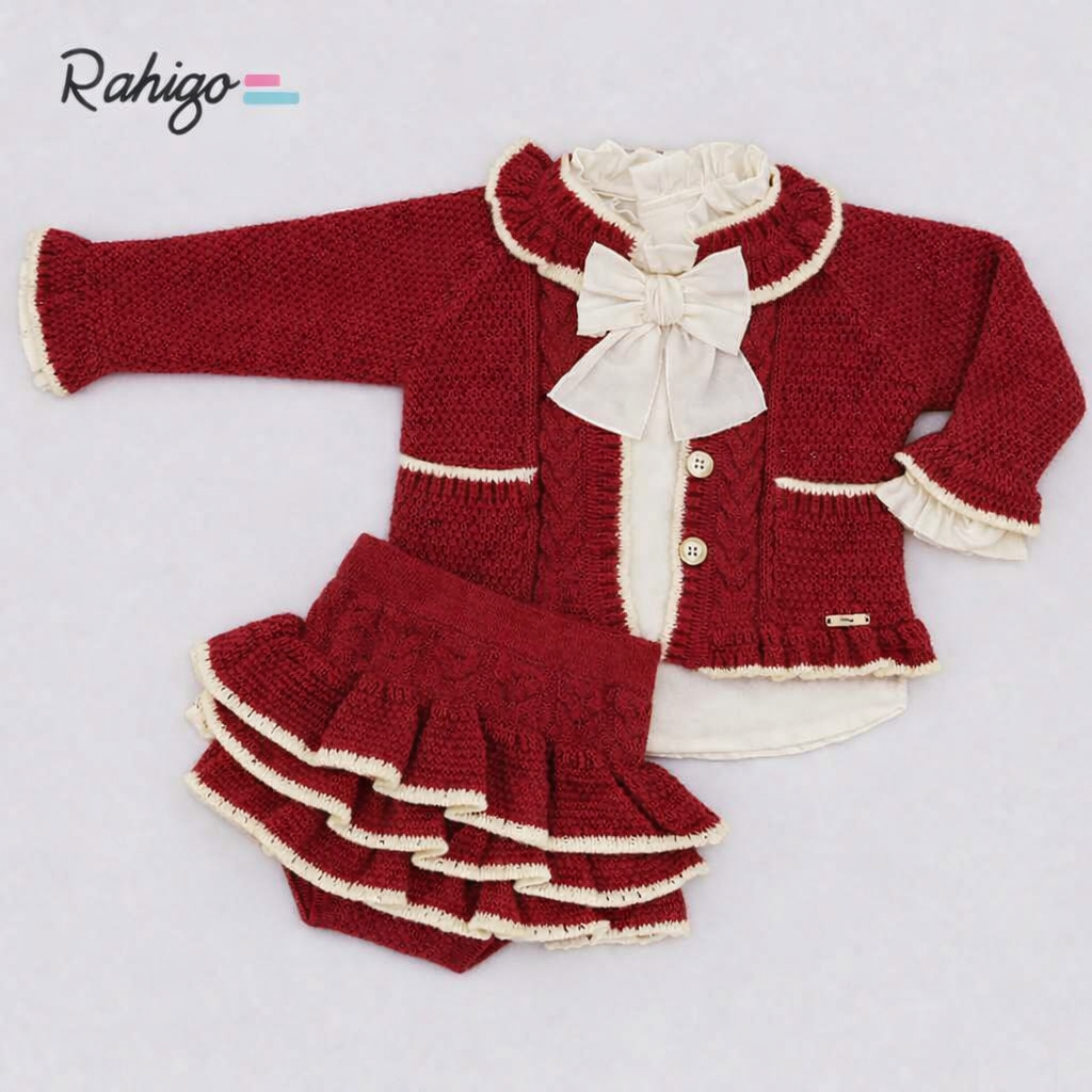 Rahigo Baby Girls Burgundy Red & Cream Cardigan, Blouse & Skirt Set - AW26 (Preorder)