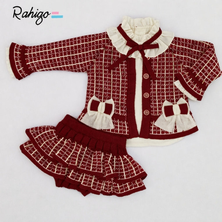 Rahigo Girls Burgandy & Cream Cardigan, Blouse & Skirt Set - AW26 (Preorder)