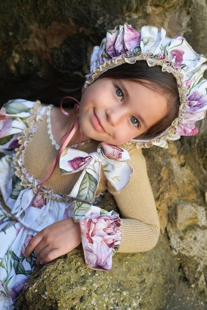 Ela Confeccion AW25 Girls Camel Knitted Floral Puffball Dress Set - (Made to order)