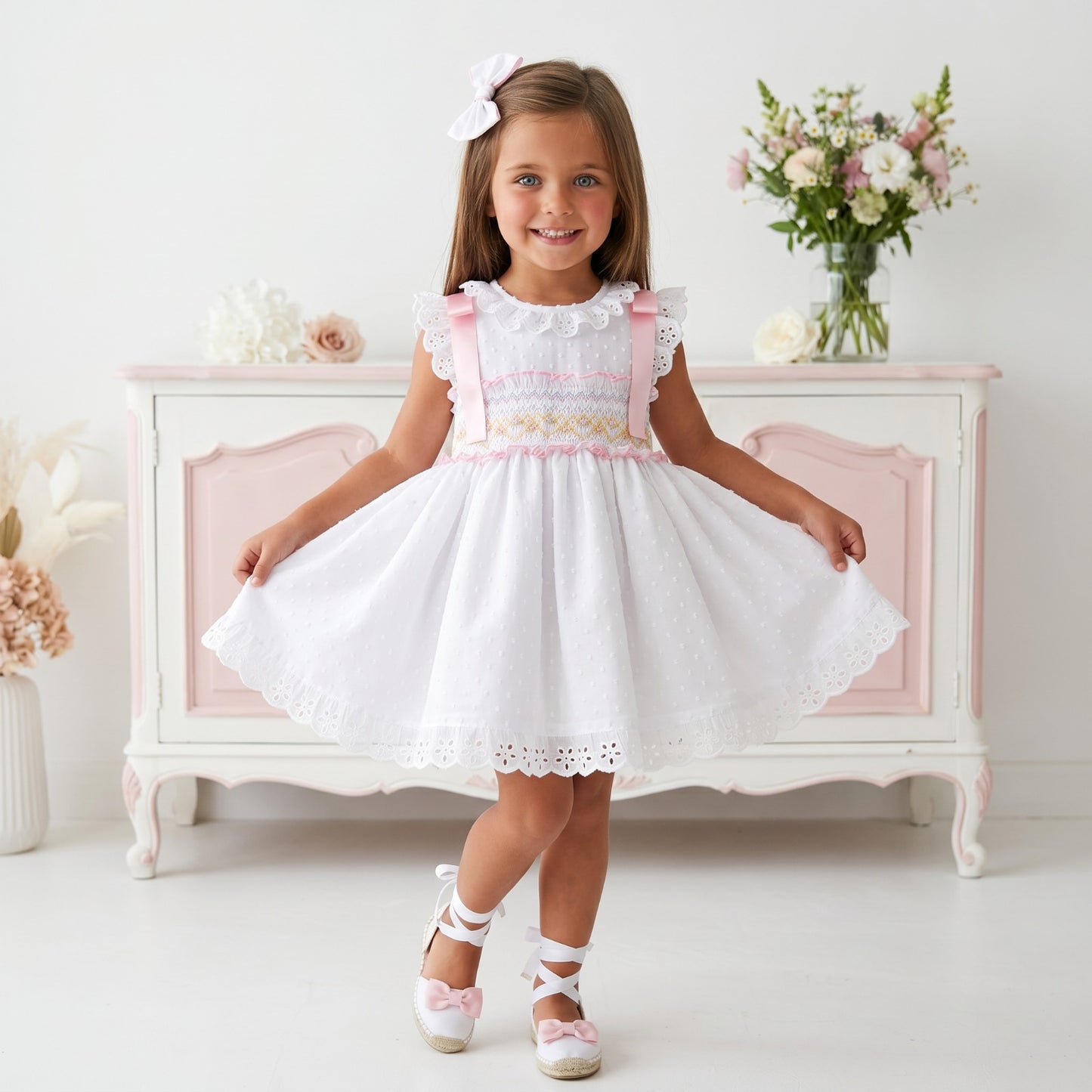 Sonata Girls White Plumetti Smocked Dress & Hairbow SS26 - (Made To Order)