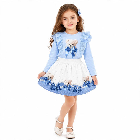 Girls Blue Teddybear Bow Top & Skirt Set (Preorder)