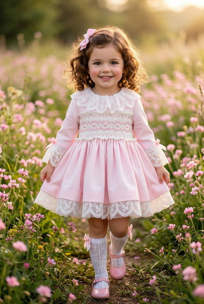 Sonata Girls Pink Smocked Embroidered Dress SS26 - (Made To Order)