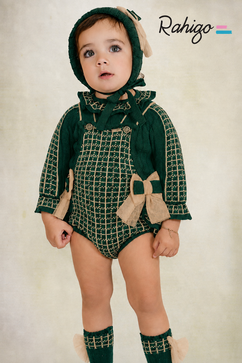 Rahigo Baby Girls Bottle Green & Camel Romper & Jumper Set - AW26 In Stock
