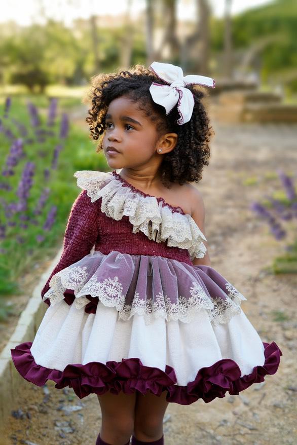Ela Confeccion AW25 Girls Burgundy & Cream Handmade Dress Set - (Sold out)