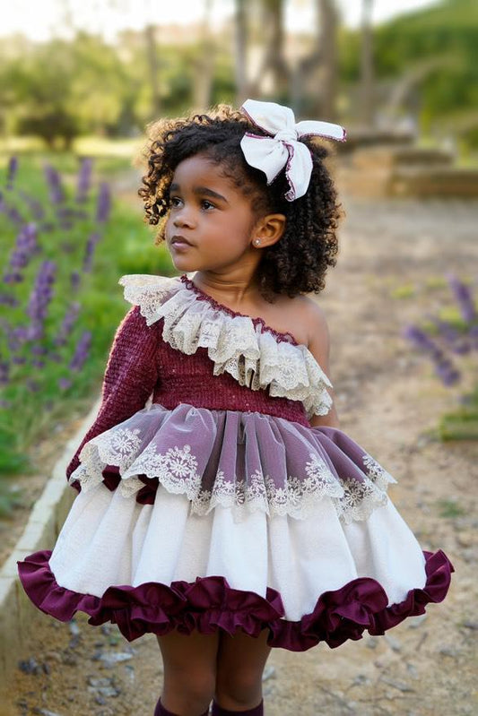 Ela Confeccion AW25 Girls Burgundy & Cream Handmade Dress Set - (Sold out)