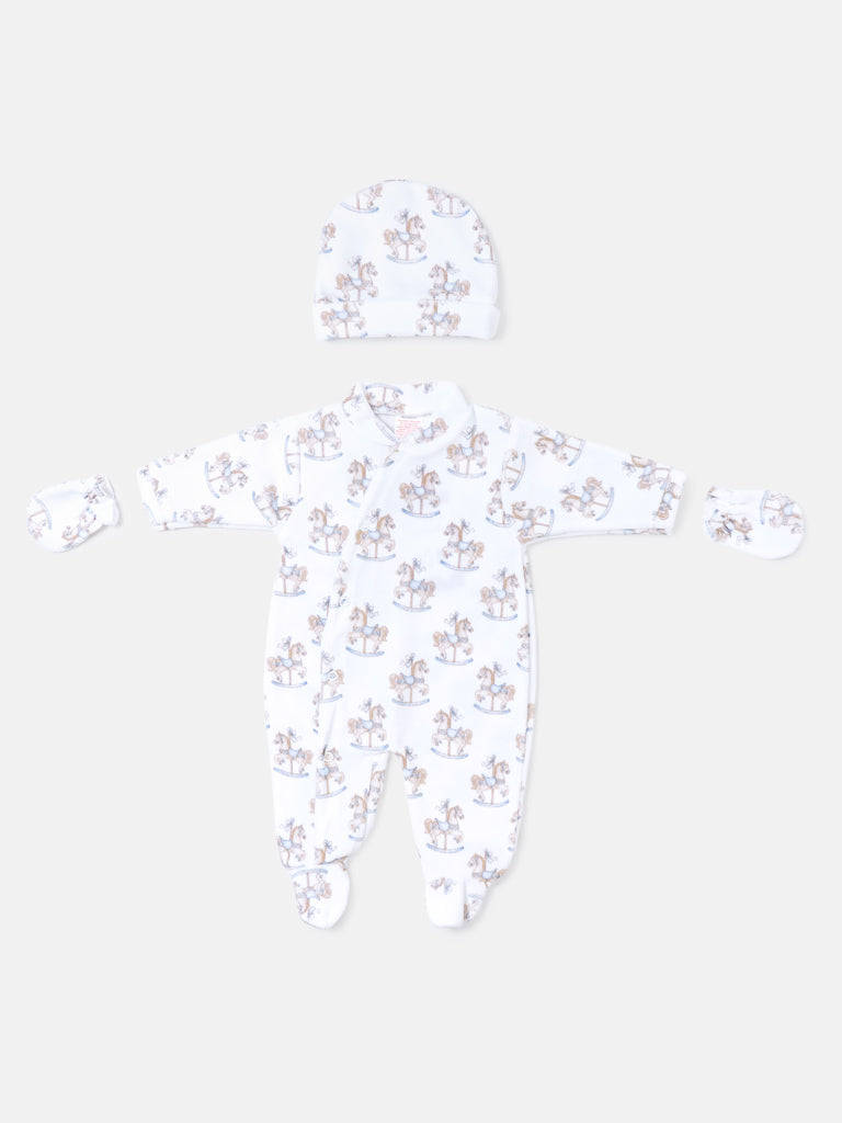 Boys Baby Blue Rocking Horse Velour Babygrow 3 piece Set