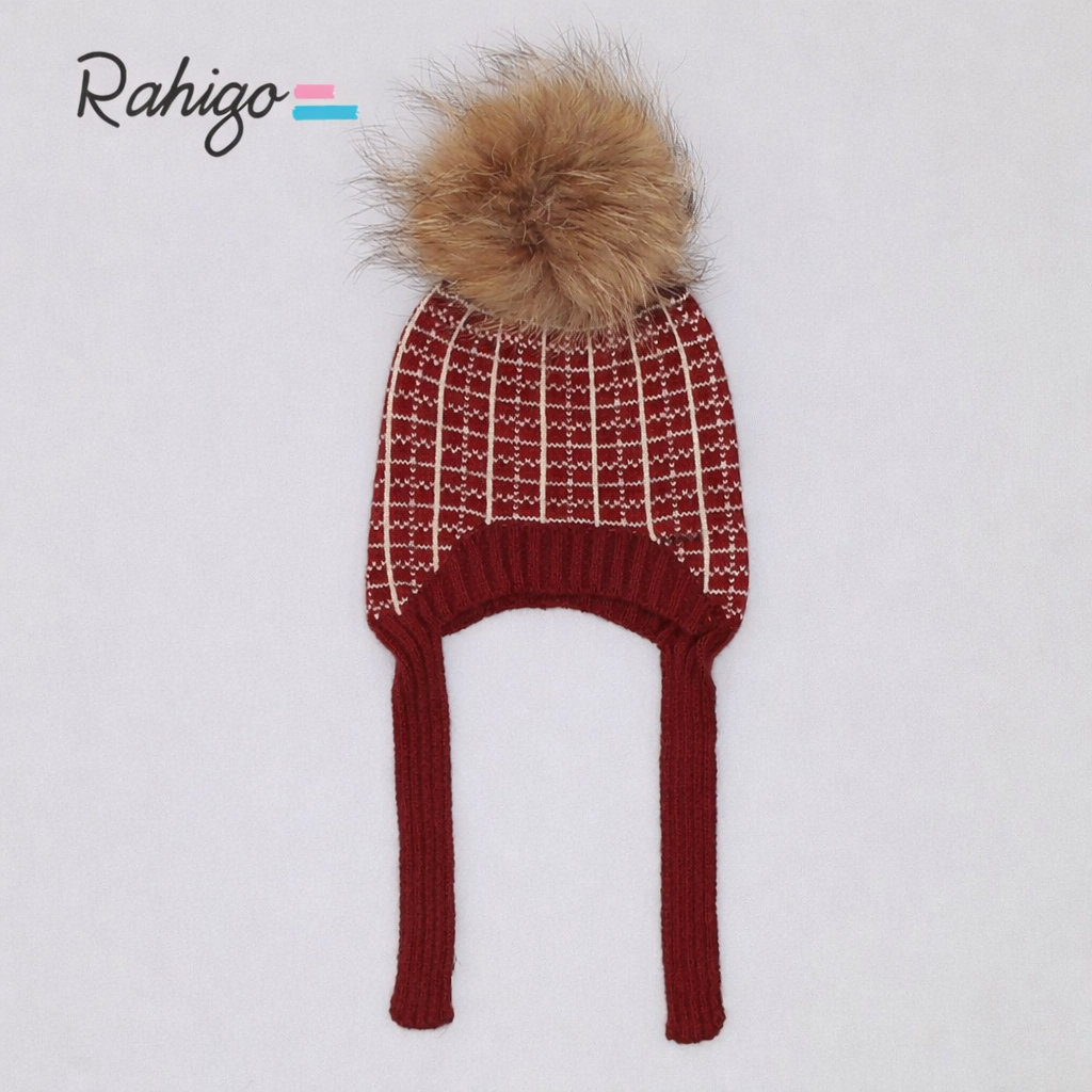 Rahigo Baby Boys Burgandy & Cream String Tie Pom Hat AW26 (Preorder)
