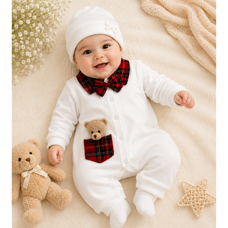 Ivory & Red Tartan Teddybear Babygrow