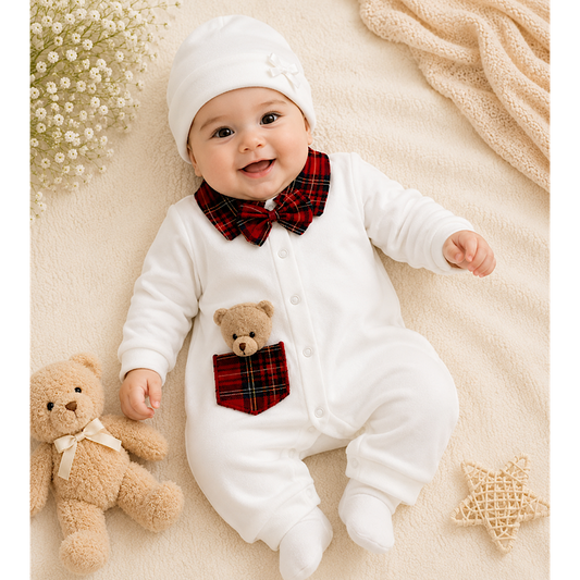 Ivory & Red Tartan Teddybear Babygrow