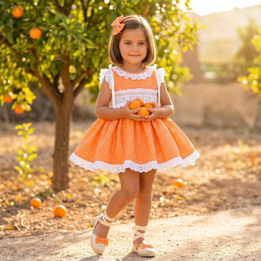 Sonata Girls Orange Smocked Polka Dot Dress & Hairbow SS26 - (Made To Order)