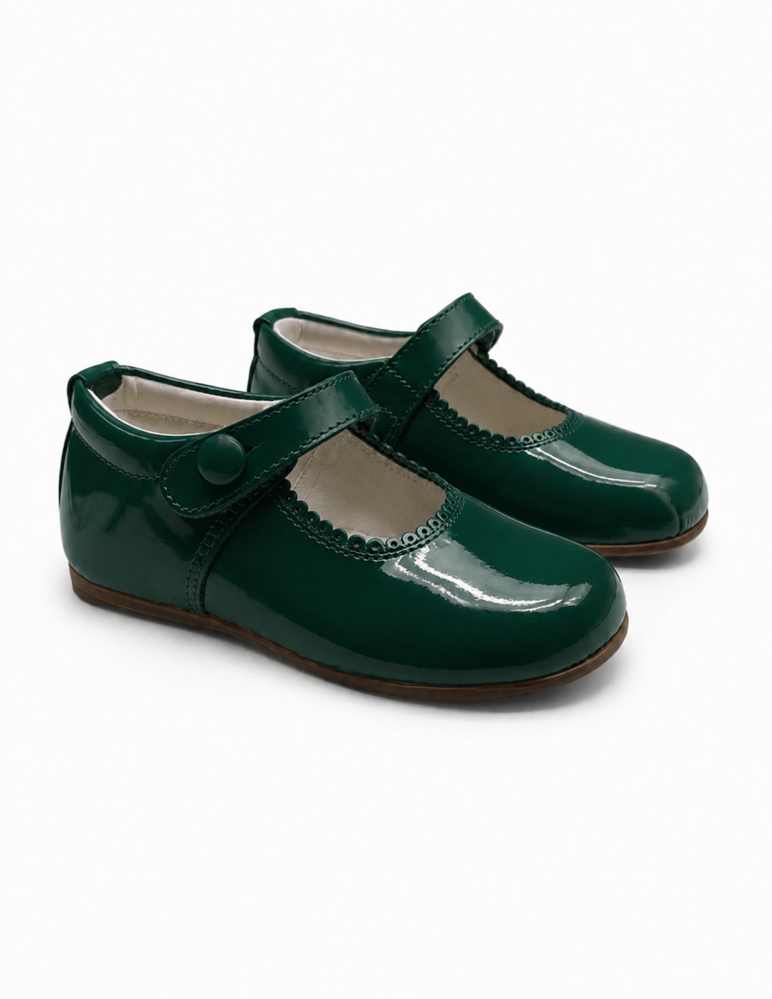 Girls Bottle Green Patent Leather Mary Janes Button Shoes (Preorder)