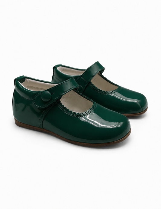 Girls Bottle Green Patent Leather Mary Janes Button Shoes (Preorder)