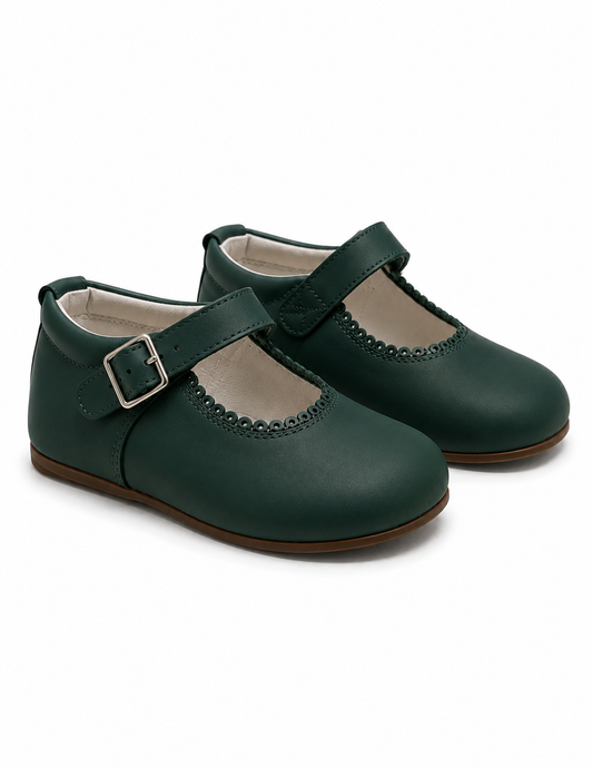 Amor Bambino Girls Bottle Green Matte Leather Buckle Shoes (Preorder)