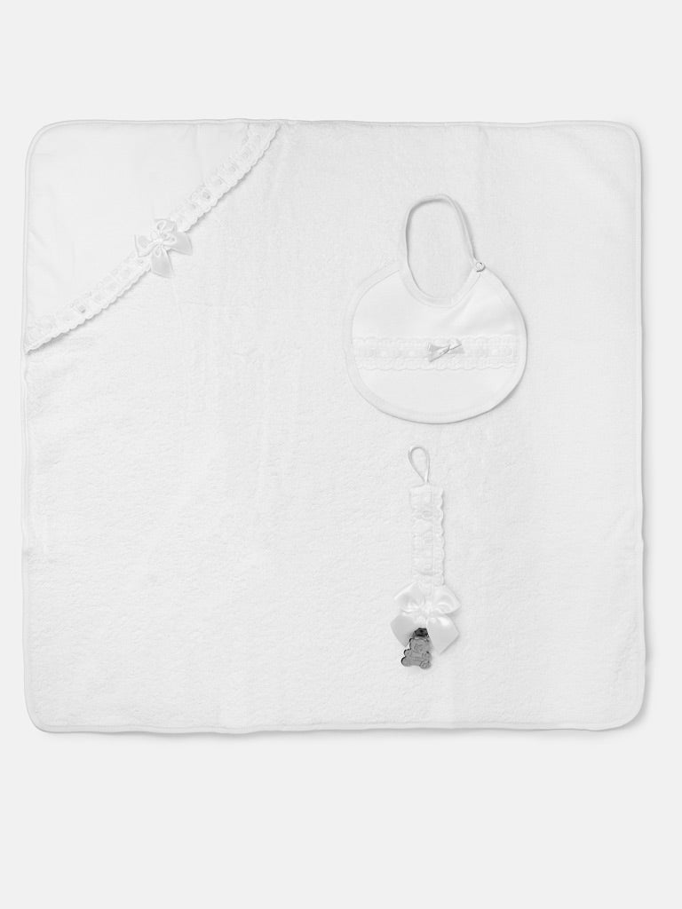 Unisex Baby White 3-piece Bath Set - Hooded Towel, Bib & Dummy Clip