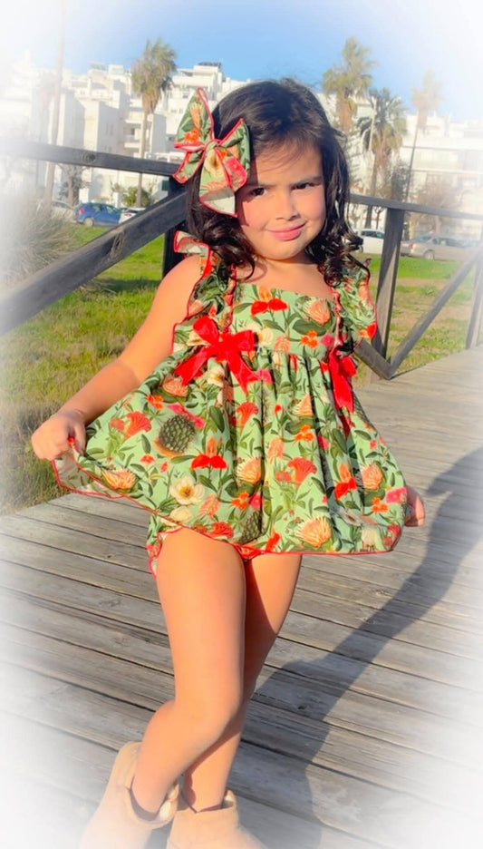 Girls Spring Floral Handmade Dress, Knickers & Bow Set - Ela Confeccion SS26 (In Stock)