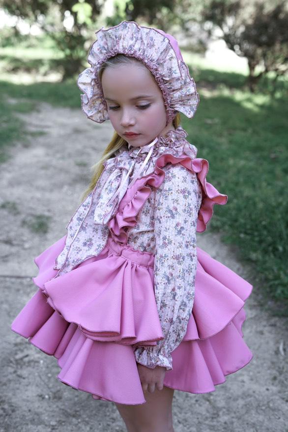 Ela Confeccion AW25 Girls Floral Ruffle Pinafore Skirt & Bow Blouse Set - (Made to order)